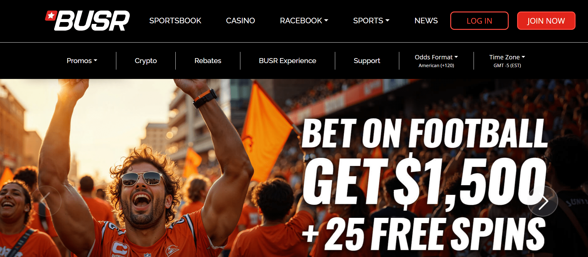 Homepage of BUSR sportsbook emphasizing horse racing and full sportsbook access